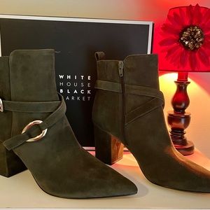 WHBM Devon 100% Suede Side Buckle Bootie, Sargent Green (Olive), Size 8.5, New!